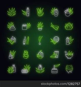 Aloe vera neon light icons set. Natural cosmetic. Medicinal herbs. Healthy skincare products. Moisturizing cream, facial mask. Signs with outer glowing effect. Vector isolated RGB color illustrations