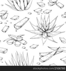 Aloe Vera pattern. Hand drawn seamless print with desert succulent. Botanical decoration for cosmetics and beauty natural products packaging label. Juicy leaves pieces Vector plant sketch texture. Aloe Vera pattern. Hand drawn seamless print with desert succulent. Botanical decoration for cosmetics and beauty products packaging label. Juicy leaves pieces Vector sketch texture