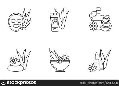 Aloe vera pixel perfect linear icons set. Cosmetology and dermatology. Spa treatment. Facial mask. Customizable thin line contour symbols. Isolated vector outline illustrations. Editable stroke