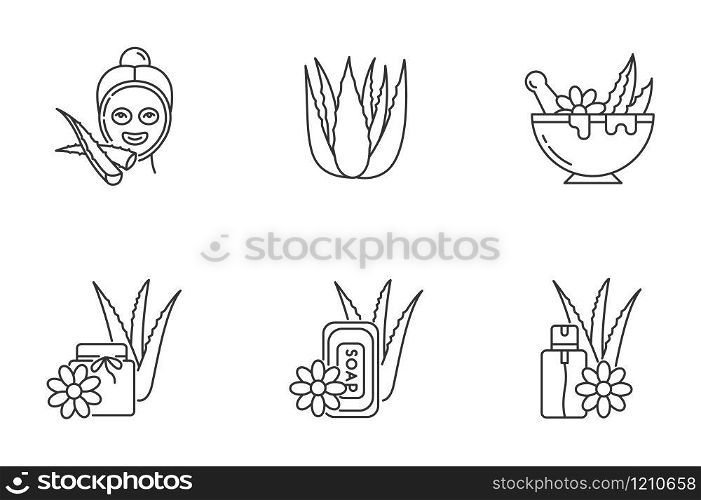 Aloe vera pixel perfect linear icons set. Facial moisturizing mask. Natural spa treatment. Customizable thin line contour symbols. Isolated vector outline illustrations. Editable stroke