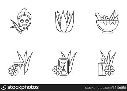 Aloe vera pixel perfect linear icons set. Facial moisturizing mask. Natural spa treatment. Customizable thin line contour symbols. Isolated vector outline illustrations. Editable stroke