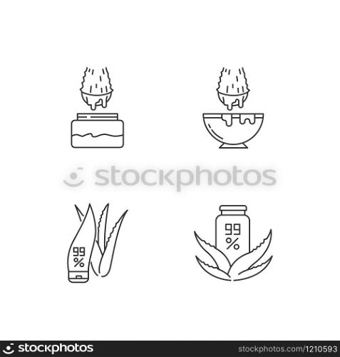 Aloe vera pixel perfect linear icons set. Juice from cut succulent leaf. Liquid from sliced cactus thorn. Customizable thin line contour symbols. Isolated vector outline illustrations. Editable stroke