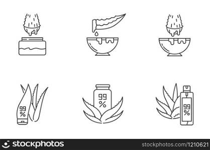 Aloe vera pixel perfect linear icons set. Medicinal herbs juice. Pure lotion. Healing liquid from plants. Customizable thin line contour symbols. Isolated vector outline illustrations. Editable stroke