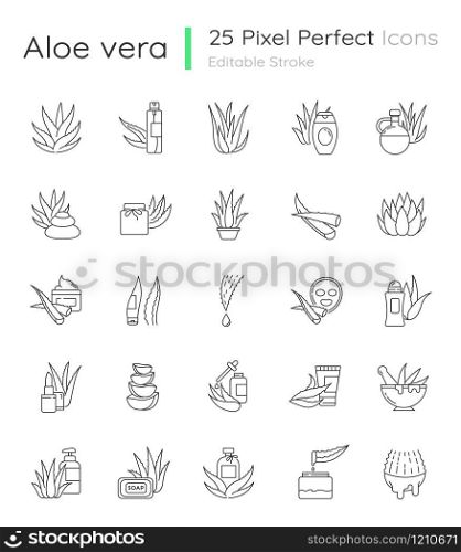 Aloe vera pixel perfect linear icons set. Natural cosmetic and dermatology. Medicinal herbs. Customizable thin line contour symbols. Isolated vector outline illustrations. Editable stroke
