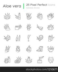 Aloe vera pixel perfect linear icons set. Natural cosmetic and dermatology. Medicinal herbs. Customizable thin line contour symbols. Isolated vector outline illustrations. Editable stroke