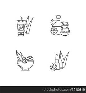 Aloe vera pixel perfect linear icons set. Organic cream with vitamin. Medicinal herbs in bowl. Customizable thin line contour symbols. Isolated vector outline illustrations. Editable stroke
