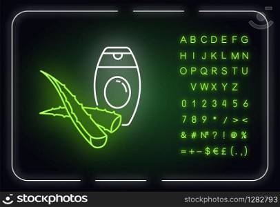 Aloe vera shampoo neon light icon. Plant based body lotion. Moisturizer with herbs. Outer glowing effect. Sign with alphabet, numbers and symbols. Vector isolated RGB color illustration