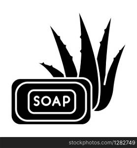 Aloe vera soap black glyph icon. Organic bathing product. Natural cosmetic for hygiene. Plant based product. Cleansing treatment. Silhouette symbol on white space. Vector isolated illustration