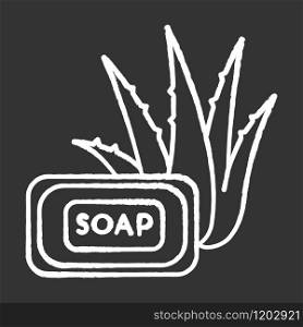 Aloe vera soap chalk white icon on black background. Organic bathing product. Natural cosmetic for personal hygiene. Plant based product. Cleansing treatment. Isolated vector chalkboard illustration