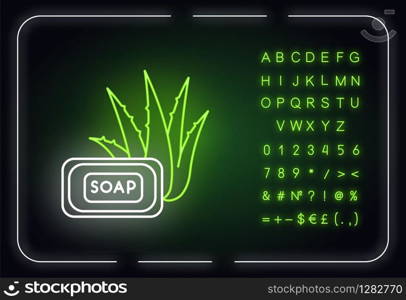 Aloe vera soap neon light icon. Organic bathing product. Natural cosmetic for personal hygiene. Outer glowing effect. Sign with alphabet, numbers and symbols. Vector isolated RGB color illustration