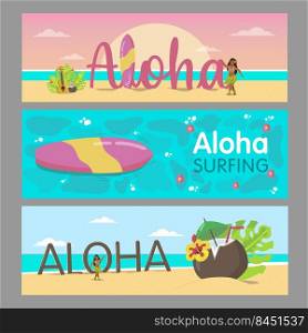 Aloha banners design for Hawaiian resort. Colorful lady dancing on beach and sea water. Hawaii vacation and summer concept. Template for promotional leaflet or brochure