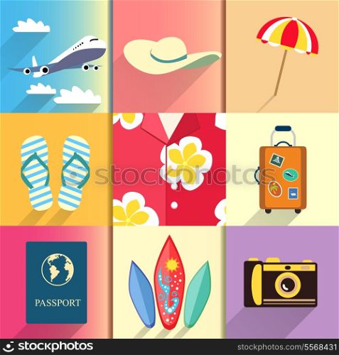 Aloha shirt. Travel and vacation icons set with plane passport and suitcase shoes vector illustration
