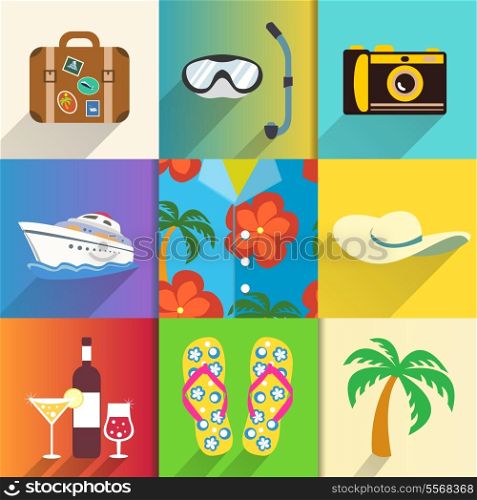 Aloha shirt. Travel and vacation icons set with sun hat camera and beach shoes vector illustration