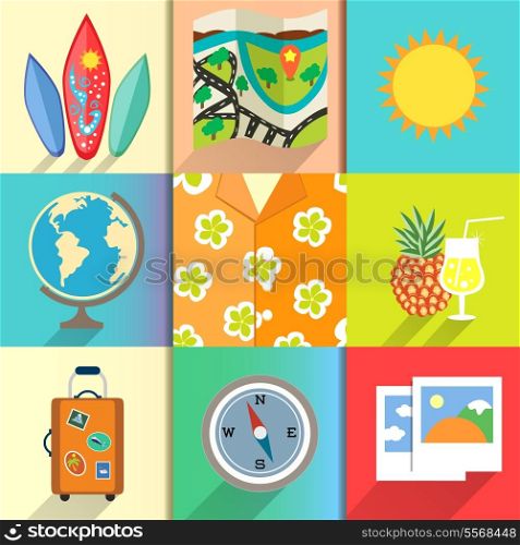 Aloha shirt. Travel and vacation icons set with surfboard photos and martini cocktail vector illustration