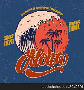 Aloha. Surfing time. Poster template with lettering and palms. Vector image. Aloha. Surfing time. Poster template with lettering and palms.