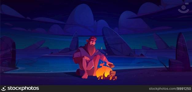 Alone castaway man on uninhabited island with bonfire at night. Vector cartoon illustration of desert sea beach with stones, fire and lost person. Survivor after shipwreck character. Castaway man on uninhabited island with bonfire