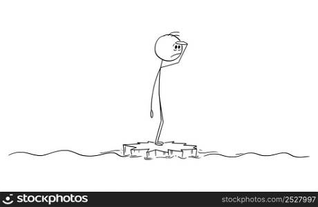 Alone person standing sad on small iceberg, far from everyone, vector cartoon stick figure or character illustration.. Alone Person Feeling Loneliness , Vector Cartoon Stick Figure Illustration