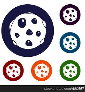 Alone planet icons set in flat circle red, blue and green color for web. Alone planet icons set