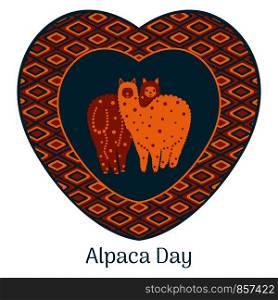 Alpaca Day. National holiday in Peru. Alpaca couple in love framed heart with national ornament. Alpaca Day. National holiday in Peru. Alpaca couple in love