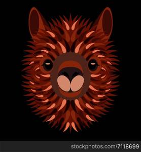 Alpaca face. Vector illustration. Geometric style. Isolated on black background. Animal from Peru. For manufacturers and sellers of wool, yarn, fabrics, blankets and clothing. Alpaca face. Vector illustration. Geometric style. Isolated on black background. Animal from Peru
