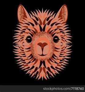 Alpaca face. Vector illustration. Geometric style. Isolated on black background. Animal from Peru. For manufacturers and sellers of wool, yarn, fabrics, blankets and clothing. Alpaca face. Vector illustration. Geometric style. Isolated on black background. Animal from Peru
