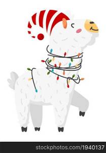 Alpaca in holiday hat and christmas lights. Cute llama isolated on white background. Alpaca in holiday hat and christmas lights. Cute llama