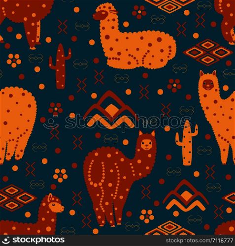 Alpaca Peru. Seamless pattern. Nice style. Mountains, cacti, flowers, ornament. For manufacturers and sellers of wool, yarn, fabrics blankets and clothing. Alpaca Peru. Seamless pattern. Nice style. Mountains, cacti, flowers, ornament.