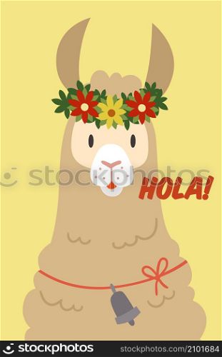 Alpaca saying hello in spanish. Hola card. Cute llama greeting. Vector illustration. Alpaca saying hello in spanish. Hola card. Cute llama greeting