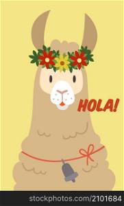 Alpaca saying hello in spanish. Hola card. Cute llama greeting. Vector illustration. Alpaca saying hello in spanish. Hola card. Cute llama greeting