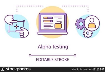 Alpha testing concept icon. Intentifying bugs before release thin line illustration. Software testing process. Indicating issues and problems. Vector isolated outline drawing. Editable stroke