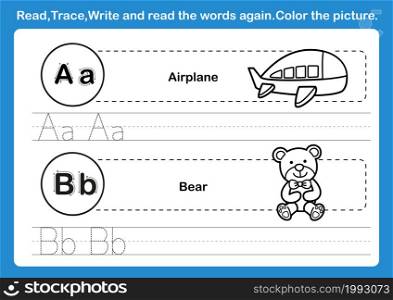 Alphabet A-B exercise with cartoon vocabulary for coloring book illustration, vector