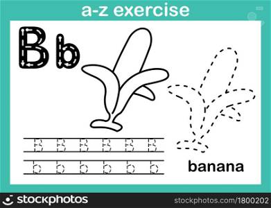 Alphabet a-z exercise with cartoon vocabulary for coloring book illustration, vector