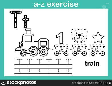 Alphabet a-z exercise with cartoon vocabulary for coloring book illustration, vector