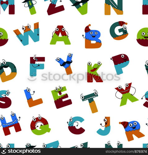 Alphabet alphabetic signs for children to learn seamless pattern vector. Letters having hands and eyes, faces of abs to study and memorize quickly. Education and language studying, childish style. Alphabet alphabetic signs for children to learn vector