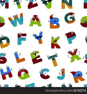 Alphabet alphabetic signs for children to learn seamless pattern vector. Letters having hands and eyes, faces of abs to study and memorize quickly. Education and language studying, childish style. Alphabet alphabetic signs for children to learn vector