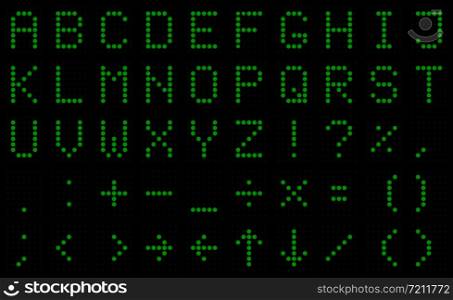Alphabet and punctuation marks on the electronic led display with green glow.