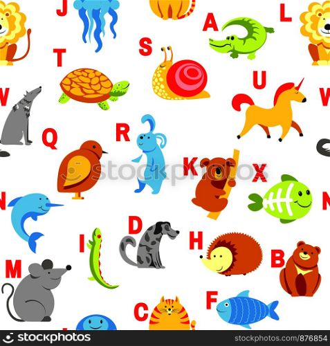 Alphabet animals and letters study material for children vector. U for unicorn, dog and hedgehog, mouse and cat, fish and turtle, snail and alligator. Seamless pattern with abc for small kids to learn. Alphabet animals and letters study for children vector