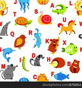 Alphabet animals and letters study material for children vector. U for unicorn, dog and hedgehog, mouse and cat, fish and turtle, snail and alligator. Seamless pattern with abc for small kids to learn. Alphabet animals and letters study for children vector