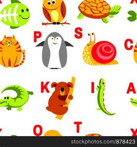 Alphabet animals and letters study material for children vector. U for unicorn, dog and hedgehog, mouse and cat, fish and turtle, snail and alligator. Seamless pattern with abc for small kids to learn. Alphabet animals and letters study material for children vector.