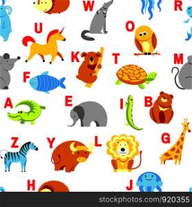 Alphabet animals and letters study material for children vector. U for unicorn, dog and hedgehog, mouse and cat, fish and turtle, snail and alligator. Seamless pattern with abc for small kids to learn. Alphabet animals and letters study material for children vector. U for unicorn, dog and hedgehog, mouse and cat, fish and turtle, snail and alligator.