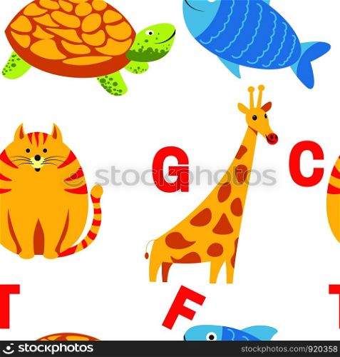 Alphabet animals and letters study material for children vector. U for unicorn, dog and hedgehog, mouse and cat, fish and turtle, snail and alligator. Seamless pattern with abc for small kids to learn. Alphabet animals and letters study material for children vector.