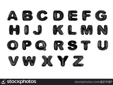 Alphabet black balloons realistic vector. Inflatable abc letters of dark metal foil for childrens parties, birthday celebrate, shining font type set isolated on white background. Alphabet black balloons realistic vector