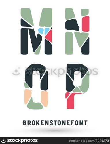 Alphabet broken font template. Set of letters M, N, O, P logo or icon. Vector illustration.