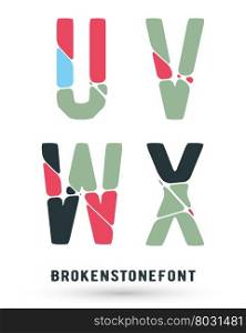 Alphabet broken font template. Set of letters U, V, W, X logo or icon. Vector illustration.