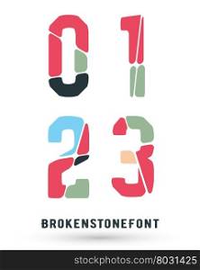 Alphabet broken font template. Set of numbers 0, 1, 2, 3 logo or icon. Vector illustration.