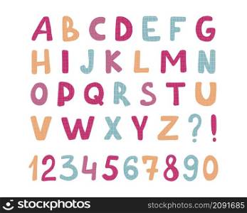 Alphabet childrens font. Funny kid cartoon letters for school, kindergarten. Cute color alphabet. baby lettering. Creative ABC vector design.Bright juicy letters of the alphabet for the design of children&rsquo;s illustrations, comics and banners. Vector set of letters.. Alphabet childrens font. Funny kid cartoon letters for school, kindergarten. Cute color alphabet. baby lettering.