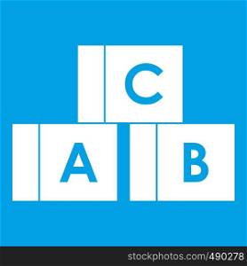 Alphabet cubes with letters A,B,C icon white isolated on blue background vector illustration. Alphabet cubes with letters A,B,C icon white