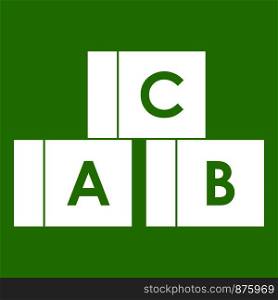 Alphabet cubes with letters A,B,C icon white isolated on green background. Vector illustration. Alphabet cubes with letters A,B,C icon green