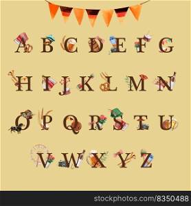 Alphabet design with Oktoberfest concept, creative serif font illustration template.