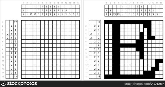 Alphabet E Nonogram Pixel Art, Character E, Language Letter Graphemes Symbol Vector Art Illustration, Logic Puzzle Game Griddlers, Pic-A-Pix, Picture Paint By Numbers, Picross